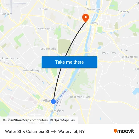 Water St & Columbia St to Watervliet, NY map