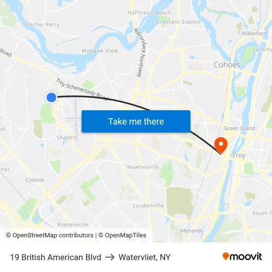 19 British American Blvd to Watervliet, NY map