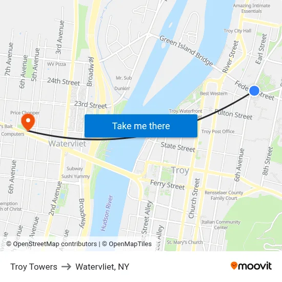 Troy Towers to Watervliet, NY map
