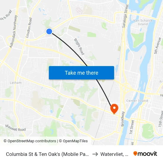 Columbia St & Ten Oak's (Mobile Park) to Watervliet, NY map