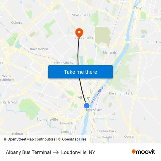 Albany Bus Terminal to Loudonville, NY map