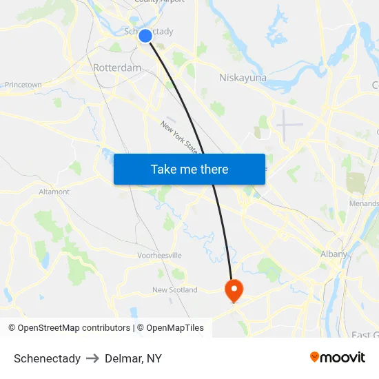 Schenectady to Delmar, NY map