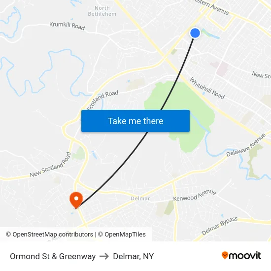 Ormond St & Greenway to Delmar, NY map