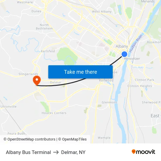 Albany Bus Terminal to Delmar, NY map