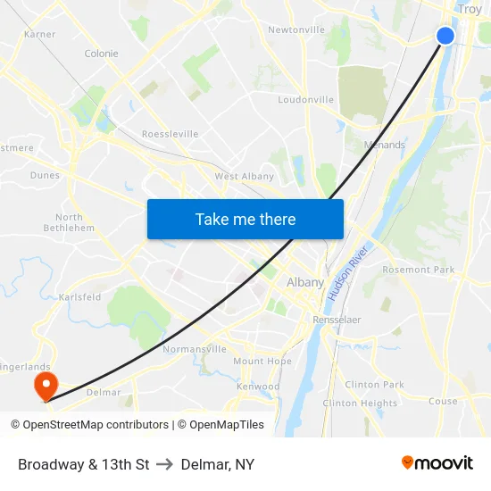 Broadway & 13th St to Delmar, NY map