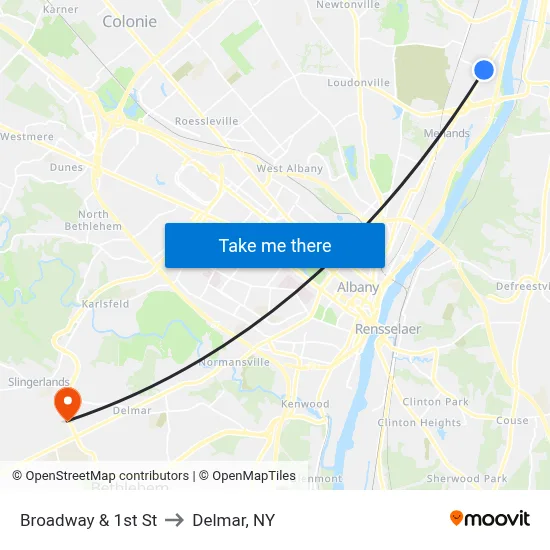 Broadway & 1st St to Delmar, NY map