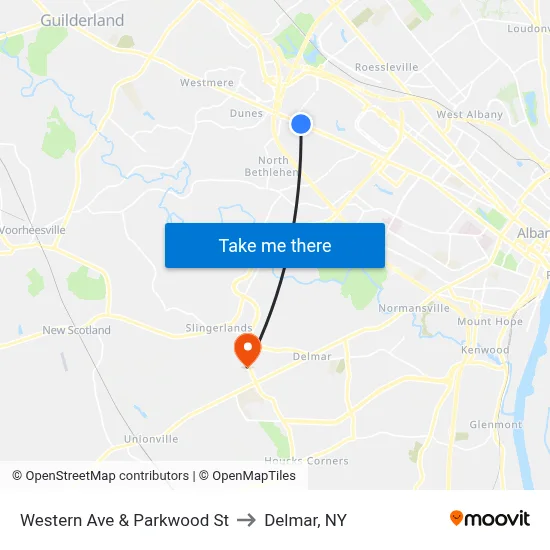 Western Ave & Parkwood St to Delmar, NY map