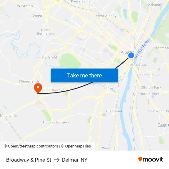 Broadway & Pine St to Delmar, NY map