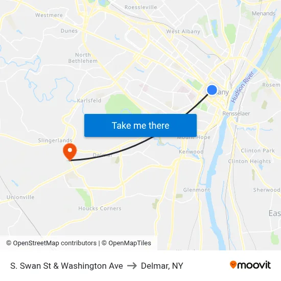 S. Swan St & Washington Ave to Delmar, NY map
