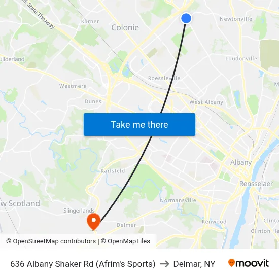 636 Albany Shaker Rd (Afrim's Sports) to Delmar, NY map