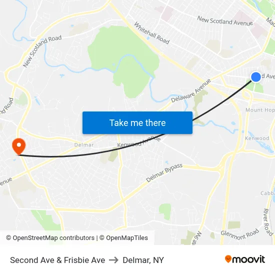 Second Ave & Frisbie Ave to Delmar, NY map