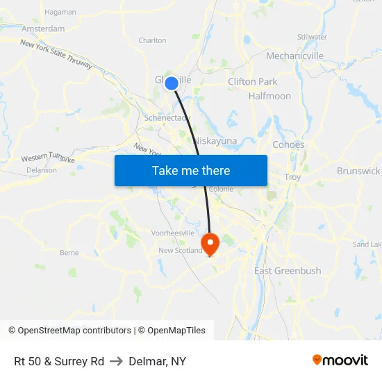 Rt 50 & Surrey Rd to Delmar, NY map