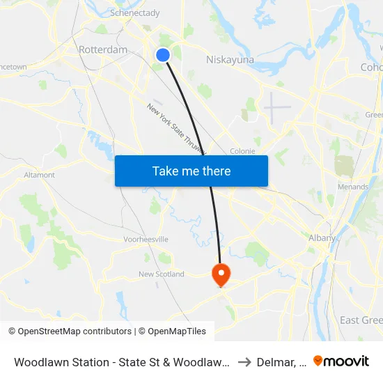 Woodlawn Station - State St & Woodlawn Plaza to Delmar, NY map