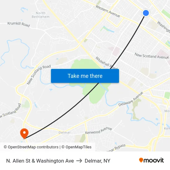 N. Allen St & Washington Ave to Delmar, NY map