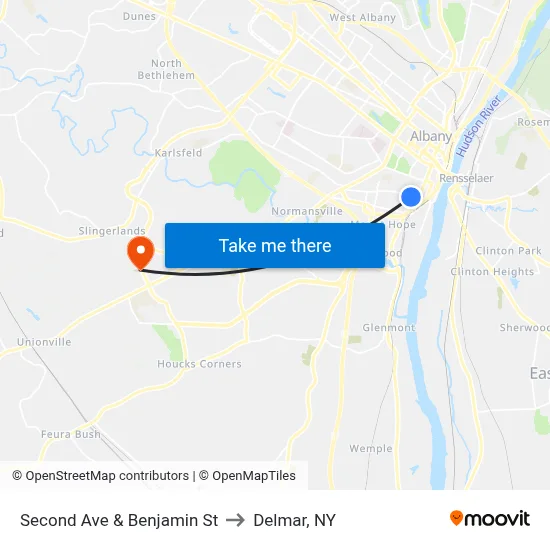 Second Ave & Benjamin St to Delmar, NY map