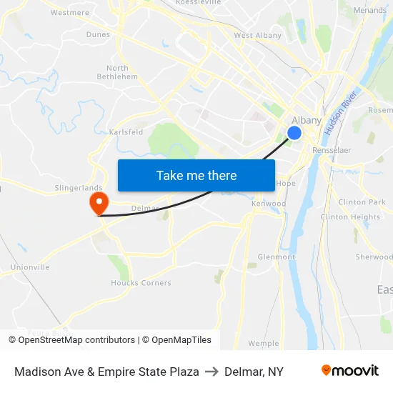 Madison Ave & Empire State Plaza to Delmar, NY map