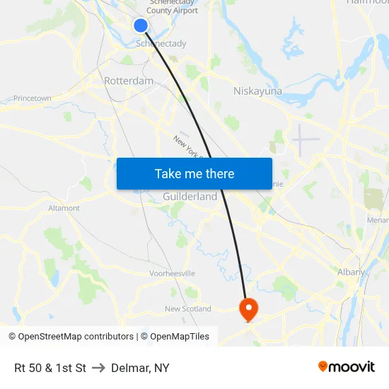 Rt 50 & 1st St to Delmar, NY map