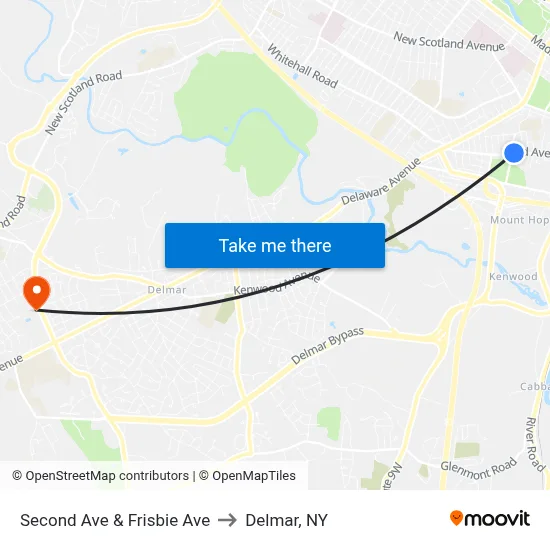 Second Ave & Frisbie Ave to Delmar, NY map