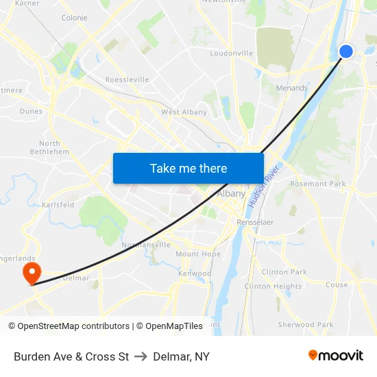 Burden Ave & Cross St to Delmar, NY map