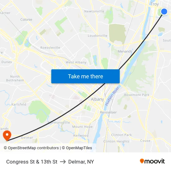 Congress St & 13th St to Delmar, NY map