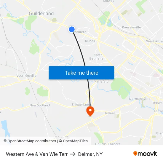Western Ave & Van Wie Terr to Delmar, NY map