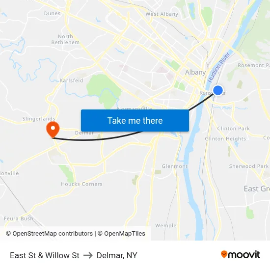 East St & Willow St to Delmar, NY map