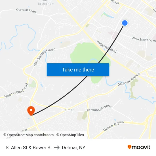 S. Allen St & Bower St to Delmar, NY map