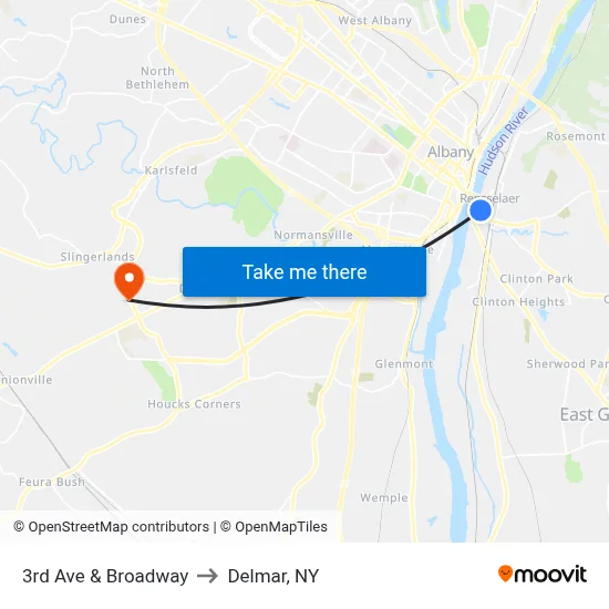 3rd Ave & Broadway to Delmar, NY map
