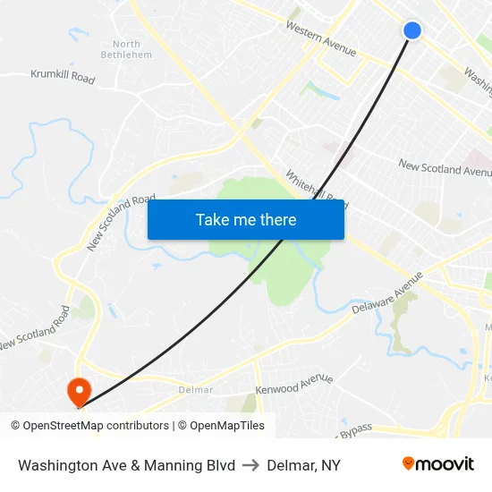 Washington Ave & Manning Blvd to Delmar, NY map