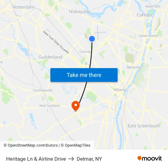Heritage Ln & Airline Drive to Delmar, NY map