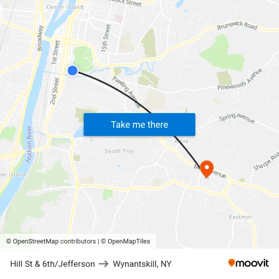 Hill St & 6th/Jefferson to Wynantskill, NY map