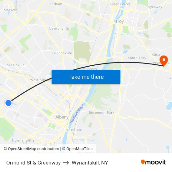 Ormond St & Greenway to Wynantskill, NY map