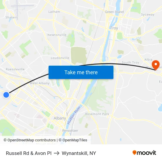 Russell Rd & Avon Pl to Wynantskill, NY map