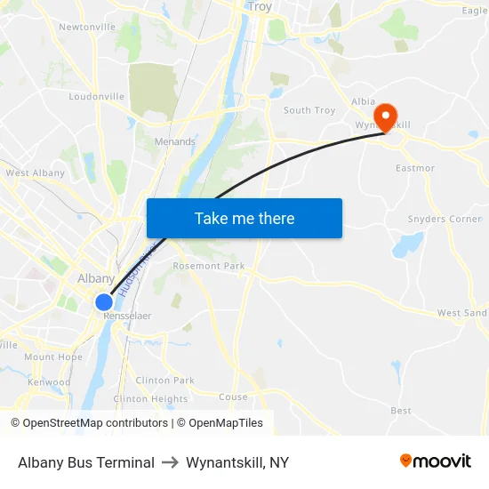 Albany Bus Terminal to Wynantskill, NY map
