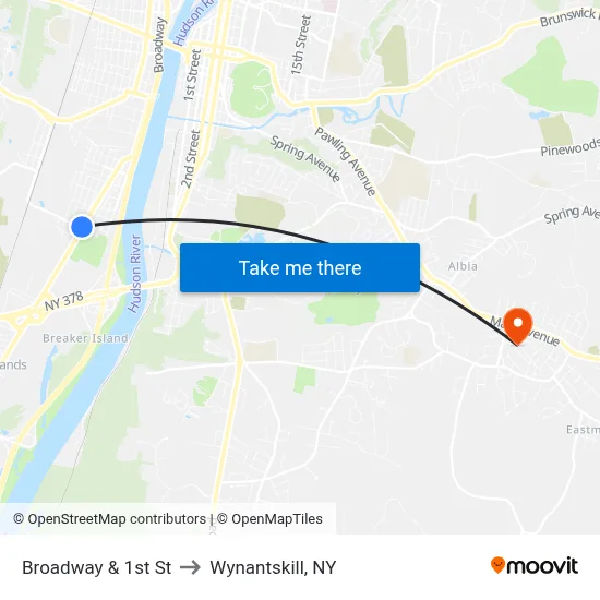 Broadway & 1st St to Wynantskill, NY map
