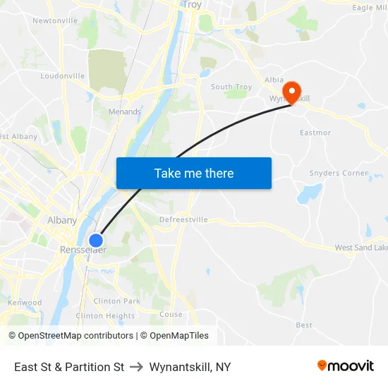East St & Partition St to Wynantskill, NY map