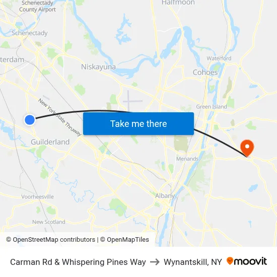 Carman Rd & Whispering Pines Way to Wynantskill, NY map