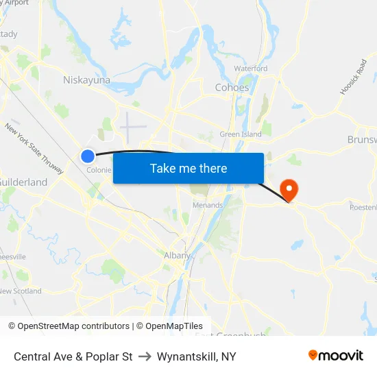 Central Ave & Poplar St to Wynantskill, NY map