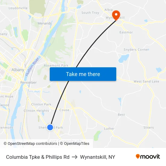 Columbia Tpke & Phillips Rd to Wynantskill, NY map