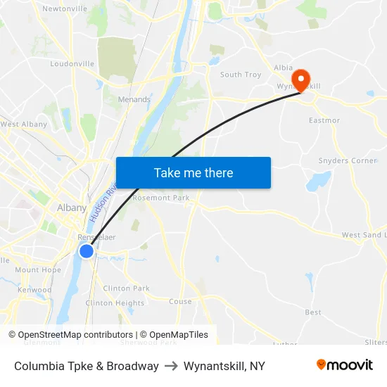 Columbia Tpke & Broadway to Wynantskill, NY map