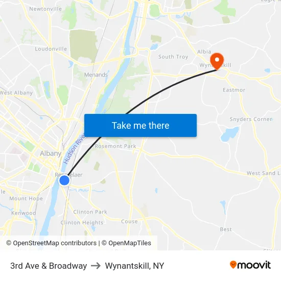 3rd Ave & Broadway to Wynantskill, NY map