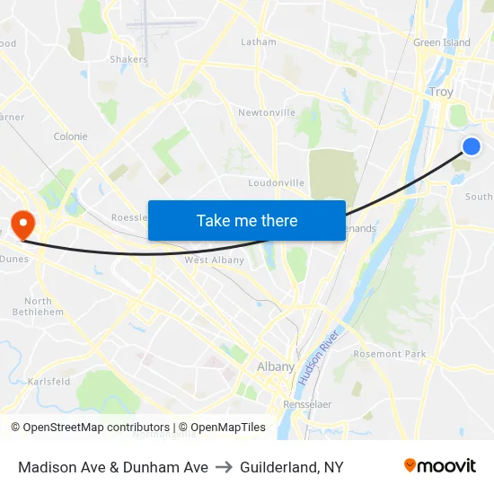 Madison Ave & Dunham Ave to Guilderland, NY map
