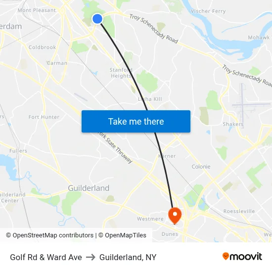 Golf Rd & Ward Ave to Guilderland, NY map