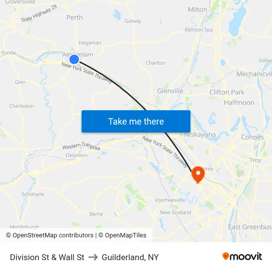Division St & Wall St to Guilderland, NY map