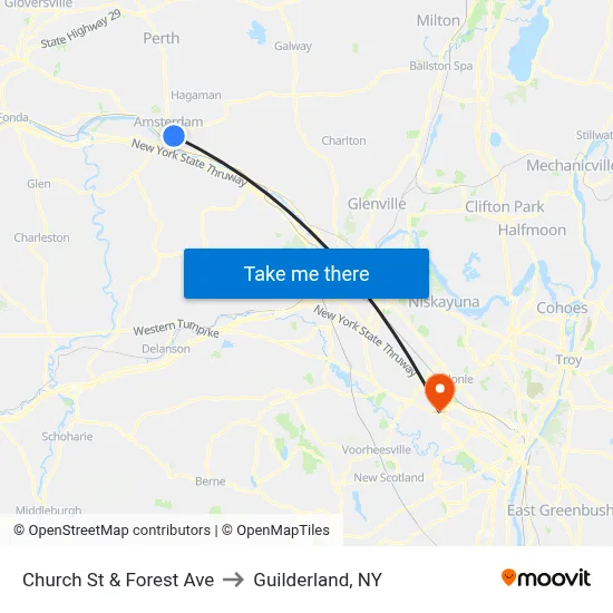 Church St & Forest Ave to Guilderland, NY map