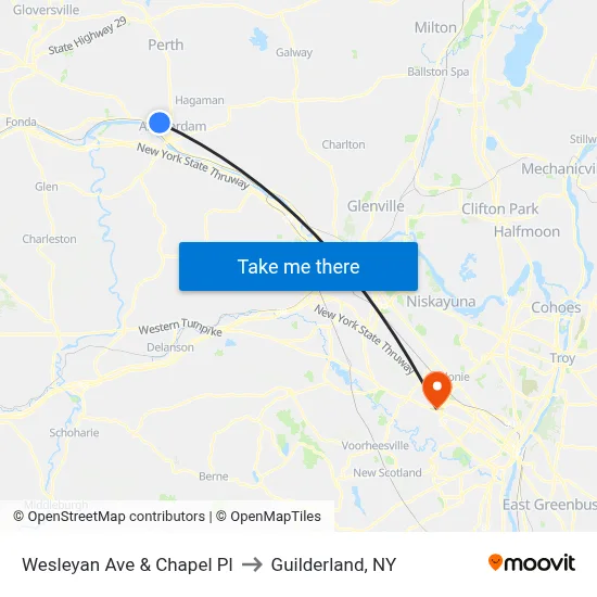 Wesleyan Ave & Chapel Pl to Guilderland, NY map