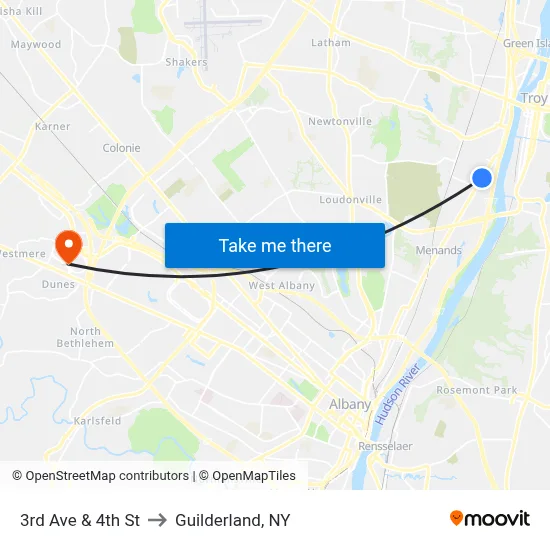 3rd Ave & 4th St to Guilderland, NY map