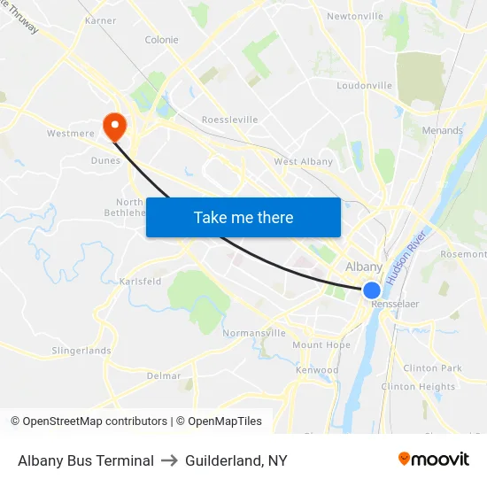 Albany Bus Terminal to Guilderland, NY map