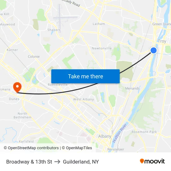 Broadway & 13th St to Guilderland, NY map