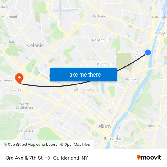 3rd Ave & 7th St to Guilderland, NY map